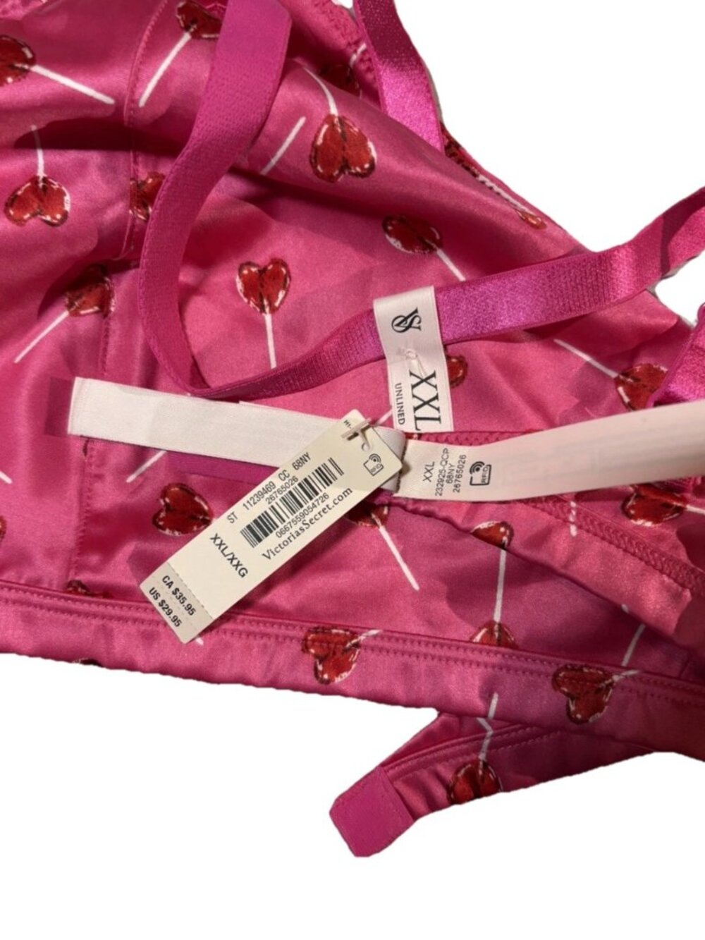 NWT Victoria's Secret Satin Triangle Bralette XXL Pink Heart Lollipop Print Cute - Picture 4 of 5